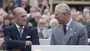 Prince Philip and Prince Charles on a visit to Poundbury on October 27, 2016