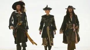 Geoffrey Rush, Keira Knightley and Johnny Depp in Pirates of the Caribbean