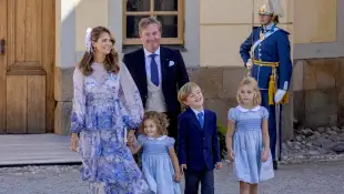 Princess Madeleine, Christopher O'Neill, Prince Nicolas, Princess Leonore and Princess Adrienne at the christening of Prince Julian on August 14, 2021.