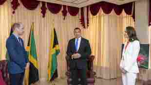 William and Kate at the sides of PM Andrew Holness as he spoke Caribbean tour Jamaica 2022 royal visit speech