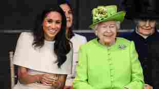 Queen Elizabeth II and Duchess Meghan during a ceremony to open the new Mersey Gateway Bridge on June 14, 2018