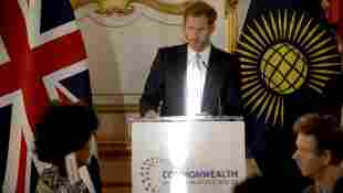 Prince Harry gives a speech as Commonwealth Youth Ambassador before taking part in a roundtable discussion at Lancaster House