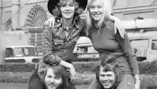 Swedish pop stars (clockwise, from bottom left), Benny Andersson, Anni-Frid Lyngstad, Agnetha Fältskog, and Björn Ulvaeus of ABBA at Brighton in 1974