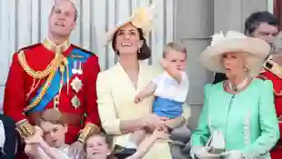 Prince Louis, Prince George, Prince William, Duke of Cambridge, Princess Charlotte, Catherine, Duchess of Cambridge and Camilla, Duchess of Cornwall during Trooping The Colour, the Queen's annual birthday parade, on June 08, 2019 in London, England