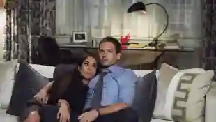 Meghan Markle "Rachel" and Patrick J. Adams "Mike" in the legal series, 'Suits'.