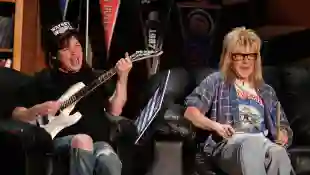 Mike Myers and Dana Carvey as Wayne and Garth from "Wayne's World" onstage during the 17th annual MTV Movie Awards