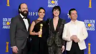 Brett Gelman, Sian Clifford, Phoebe Waller-Bridge and Andrew Scott, winners of Best Television Series - Musical or Comedy poses in the press room during the 77th Annual Golden Globe Awards at The Beverly Hilton Hotel on January 05, 2020