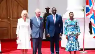 King Charles III state visit to Kenya - 31 Oct 2023 (L-R) Queen Camilla, King Charles III, Kenya s president William Rut