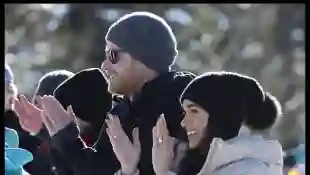 . 14/02/2024. Whistler, Canada. Prince Harry and Meghan Markle, the Duke and Duchess of Sussex, at a training camp in Wh