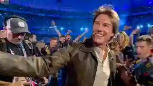 Tom Cruise during the passing of the Olympic flag between Paris and Los Angeles during the cLosing ceremony of the Paris