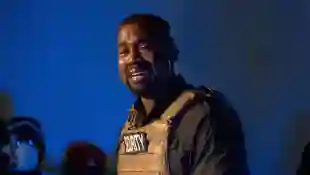 Kanye West in a bulletproof vest during his first presidential campaign in July 2020