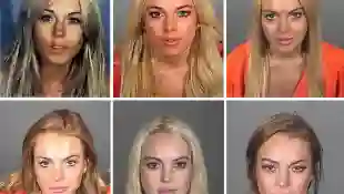 This composite image compares the six booking photos of actress Lindsay Lohan.