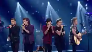 One Direction during a live performance in Las Vegas, in 2014