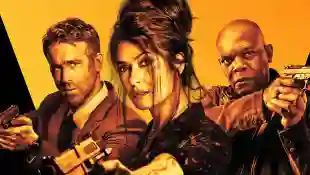 Ryan Reynolds, Salma Hayek, Samuel L. Jackson en una imagen promocional de 'Hitman's Wife's Bodyguard'