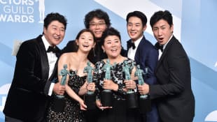 'Parasite' cast Song Kang-ho, Cho Yeo-jeong, director Bong Joon-ho, Lee Jung-eun, Choi Woo-shik, and Lee Sun-kyun