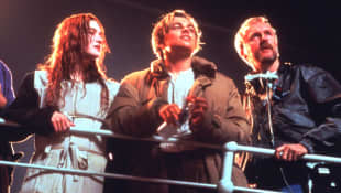 Kate Winslet, Leonardo DiCaprio, and James Cameron on the set of 'Titanic'