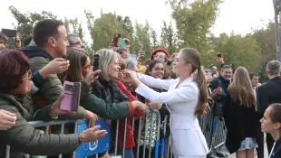 Spanish King Felipe VI , Queen Letizia Ortiz , Princess of Asturias Leonor de Borbon Infant Sofia de Borbon in Plaza Ori