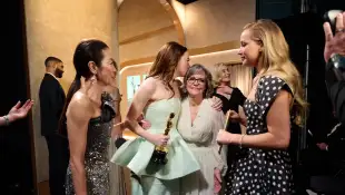 96th Oscars, Academy Awards Emma Stone backstage with Sally Field, Jennifer Lawrence, Charlize Theron, Michelle Yeoh, an