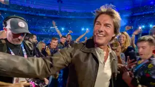 Tom Cruise during the passing of the Olympic flag between Paris and Los Angeles during the cLosing ceremony of the Paris