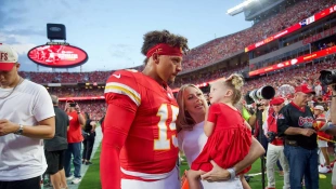 September 11, 2024: Kansas City Chiefs quarterback Patrick Mahomes visits his wife Brittany and daughter Sterling on the