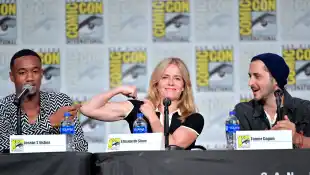 Jessie T. Usher, Elisabeth Shue, and Tomer Capon speak at "The Boys" Panel during the 2019 Comic-Con International in San Diego, California.