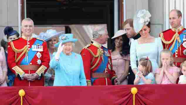 The Royal Family watch the flypast on the balcony of Buckingham Palace during Trooping The Colour on 9th June 2018