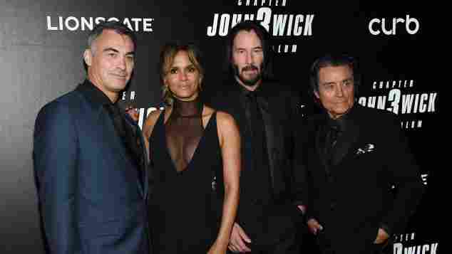 Director Chad Stahelski with the stars of John Wick: Halle Berry, Keanu Reeves and Ian McShane