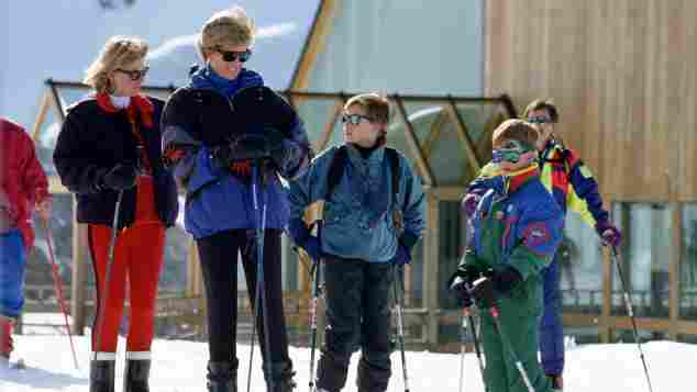 Princess Diana on a skiiing holiday with Prince William and Prince Harry