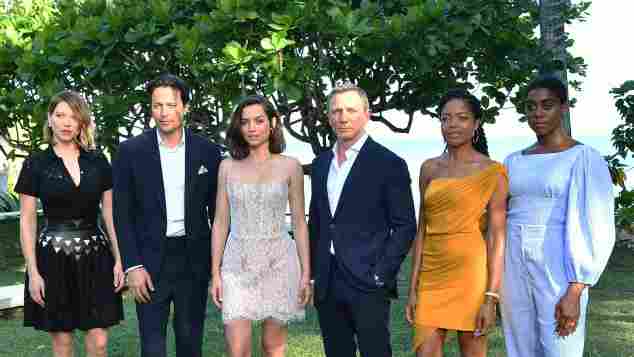 Cast members Léa Seydoux, Ana de Armas, Daniel Craig, Naomie Harris and Lashana Lynch attend the Bond 25 film launch at Ian Fleming's Home "GoldenEye".