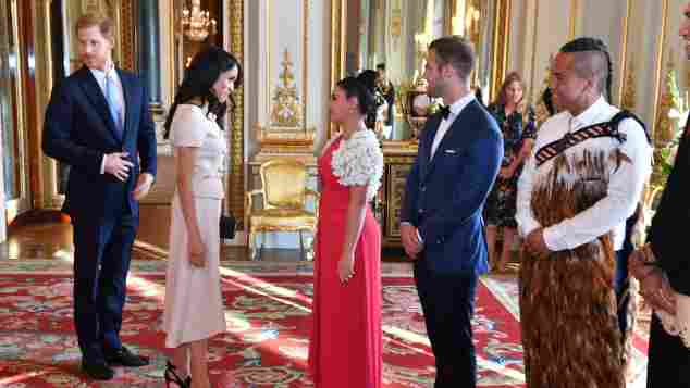 Prince Harry and Meghan, Duke and Duchess of Sussex meet a group of the Queen's Young Leaders