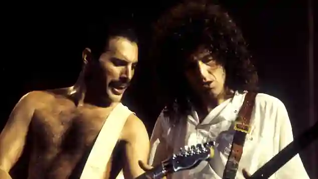 Freddie Mercury and Brian May of Queen live at a Works Tour concert at Wembley Arena. London, 09/07/1984