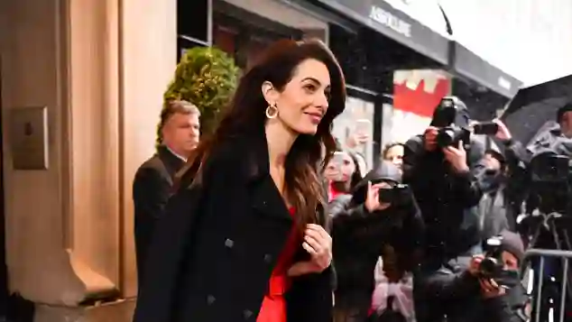 Amal Clooney leaves The Mark Hotel after attending Meghan's baby shower
