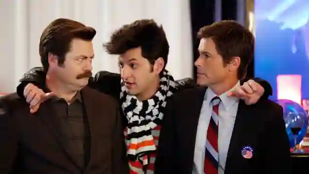 Nick Offerman, Ben Schwartz, and Rob Lowe in 'Parks and Recreation'.