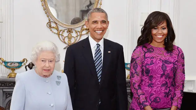 Queen Elizabeth II and Barack and Michelle Obama