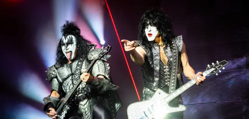 Gene Simmons (L) is seen live on stage with guitarist Paul Stanley
