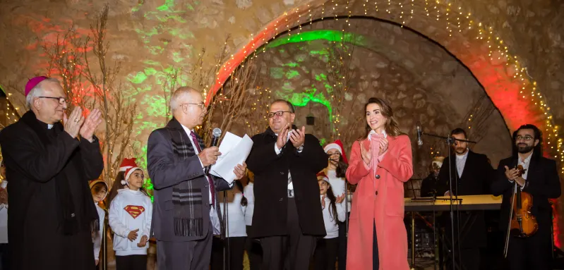Queen Rania of Jordan takes part in the lighting of the Christmas tree, December 16, 2018.