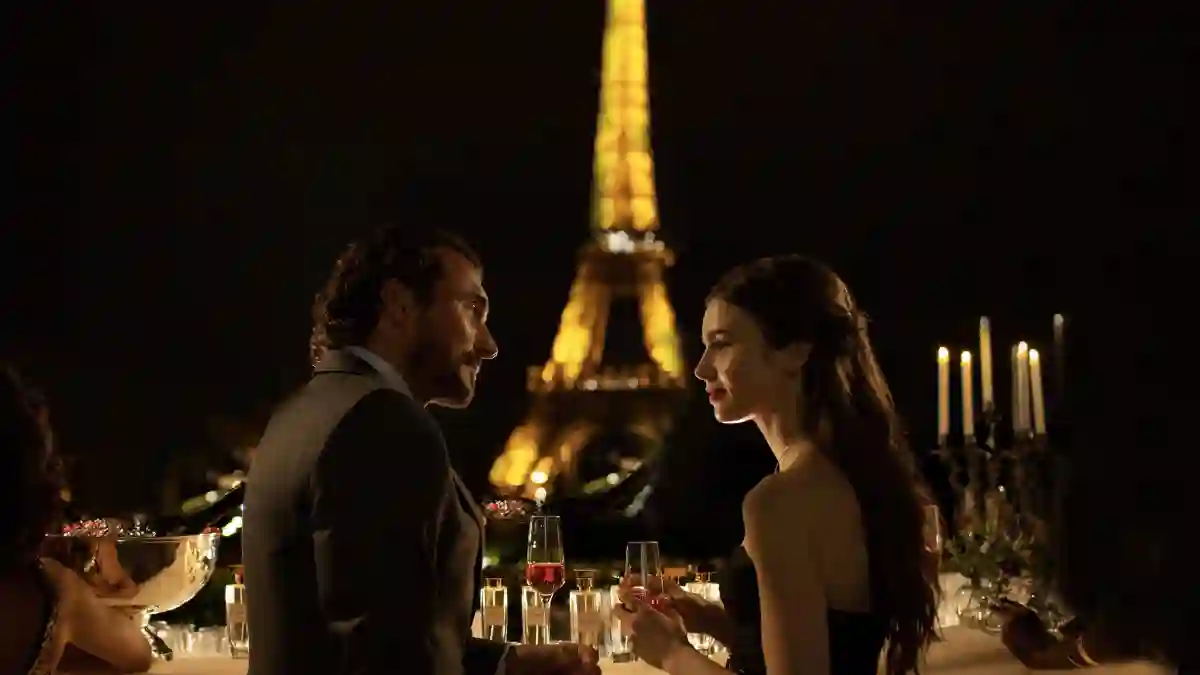 William Abadie and Lily Collins in a scene from the series 'Emily in Paris'