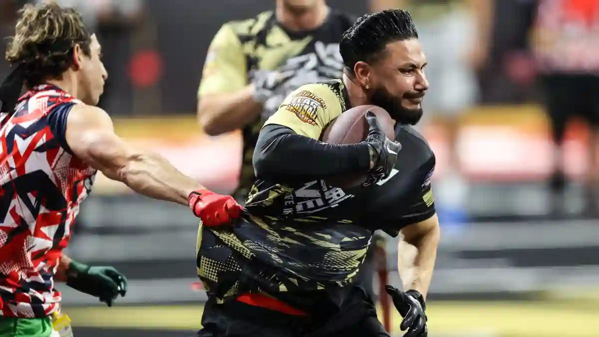 February 08, 2024: Television personality Pauly D runs through the defense during the 24th annual Celebrity Flag Footbal
