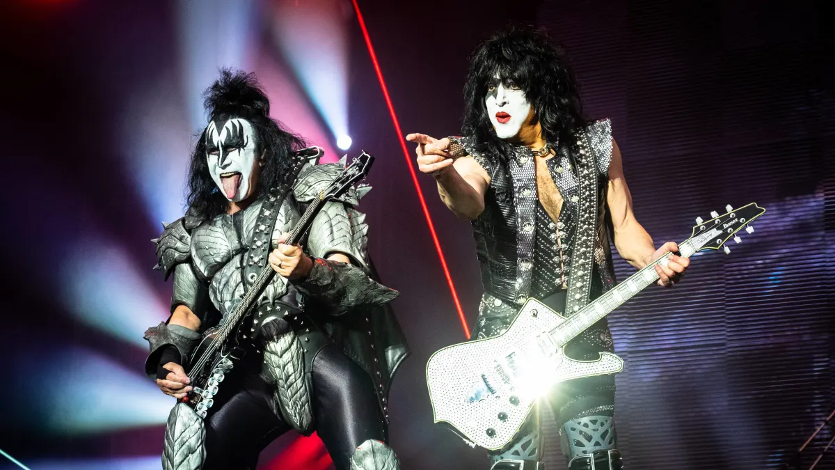 Gene Simmons (L) is seen live on stage with guitarist Paul Stanley