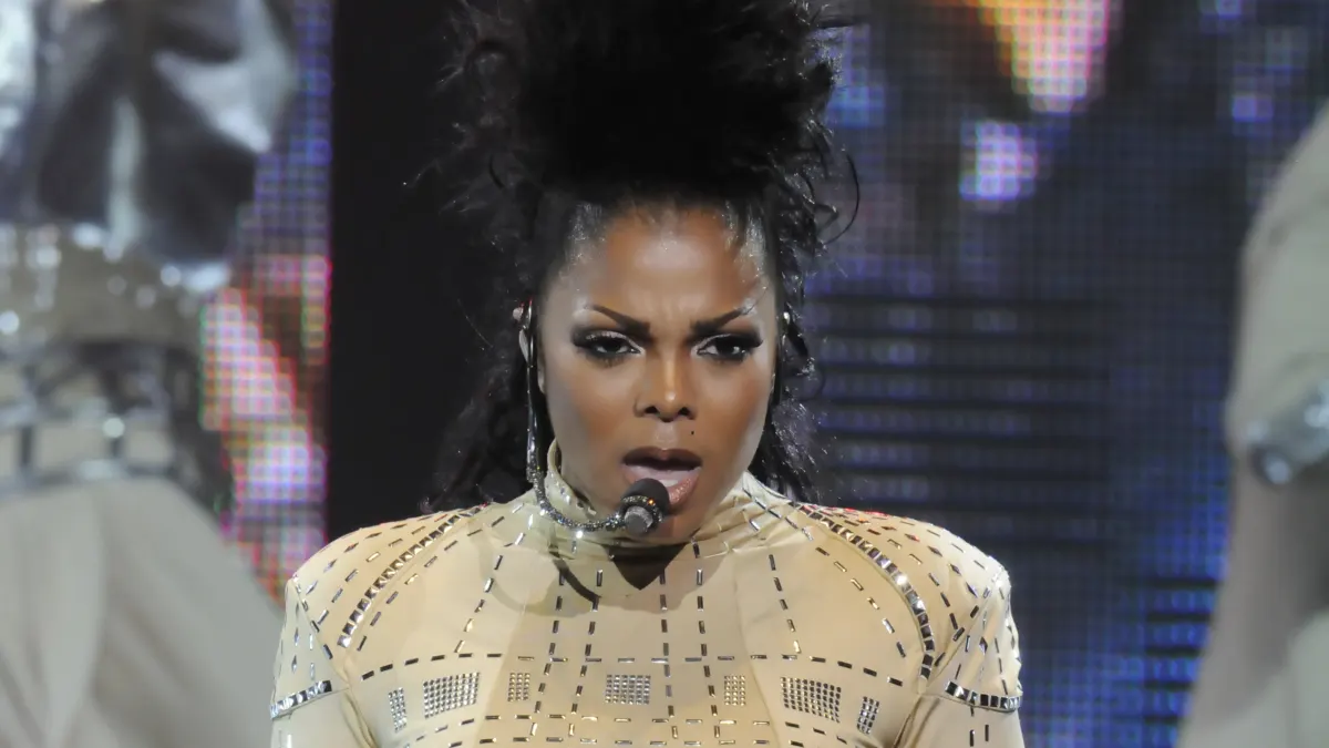 A closeup of Janet Jackson performing at the former Staples Center in Los Angeles
