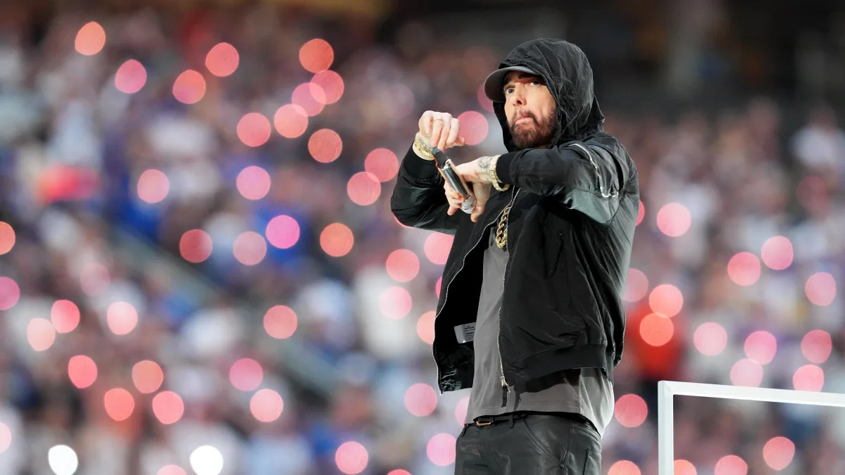 Syndication: The Enquirer Eminem performs during halftime of Super Bowl 56 between the Los Angeles Rams and the Cincinna