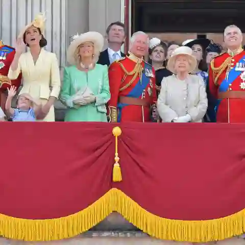 The British Royal Family observes flyover at Trooping the Colour 2019. Meghan Markle press attacks.