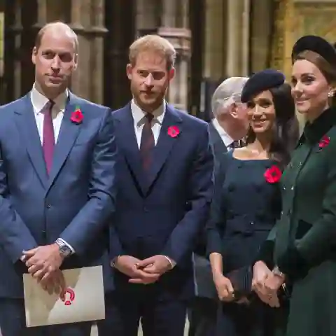 Príncipe William, príncipe Harry, Meghan Markle y Kate Middleton en Londres, Inglaterra, en noviembre de 2018