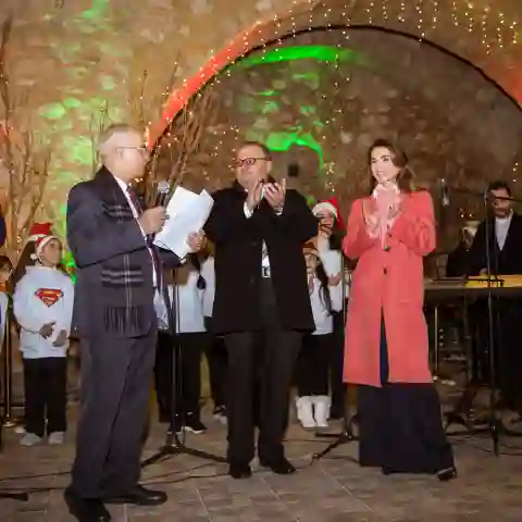 Queen Rania of Jordan takes part in the lighting of the Christmas tree, December 16, 2018.