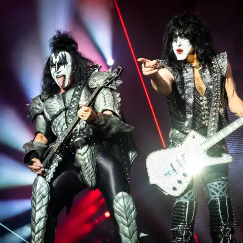 Gene Simmons (L) is seen live on stage with guitarist Paul Stanley