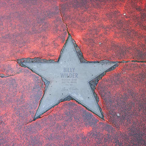 Boulevard der Stars Deutschland, Berlin im Februar 2024: Ein polierter Bronzestern von Regisseur Billy Wilder umgeben vo