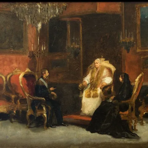 Visita de Maximiliano y Carlota al papa Pío IX antes de llegar a México pintada por José Salomé Pina