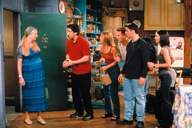 Lisa Kudrow, David Schwimmer, Jennifer Aniston, Matthew Perry, Matt LeBlanc and Courteney Cox in a scene from the series 'Friends'