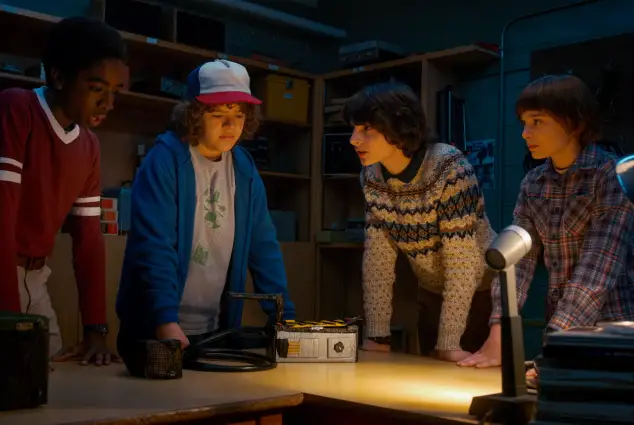 Caleb McLaughlin, Gaten Matarazzo, Finn Wolfhard and Noah Schnapp in a scene from the series 'Stranger Things'