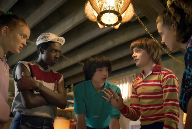 Sadie Sink, Caleb McLaughlin, Finn Wolfhard, Noah Schnapp and Millie Bobby Brown in a scene from the series 'Stranger Things'